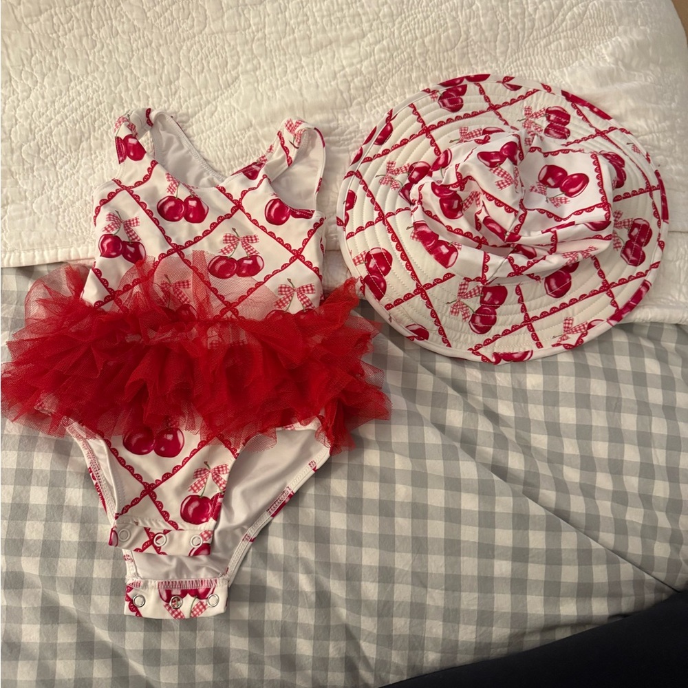 Posh Peanut Cherry Print Red Tutu Baby Swimsuit with Matching Hat